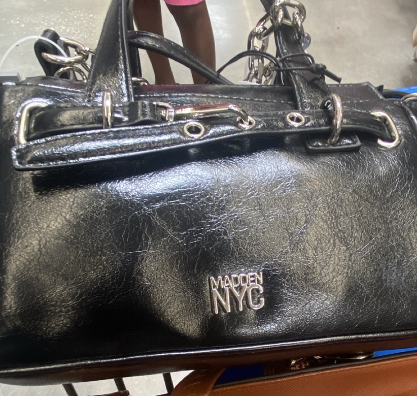 Madden NYC Black Medium Satchel Top Handle Double Handles Silver Hardware Strap