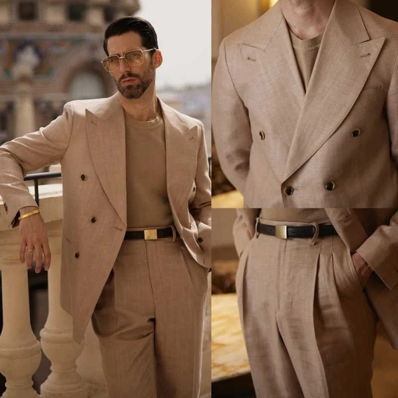 Men’s Summer Linen Jacket Vintage Blazer Double Breasted Wide Peak Lapel Suits