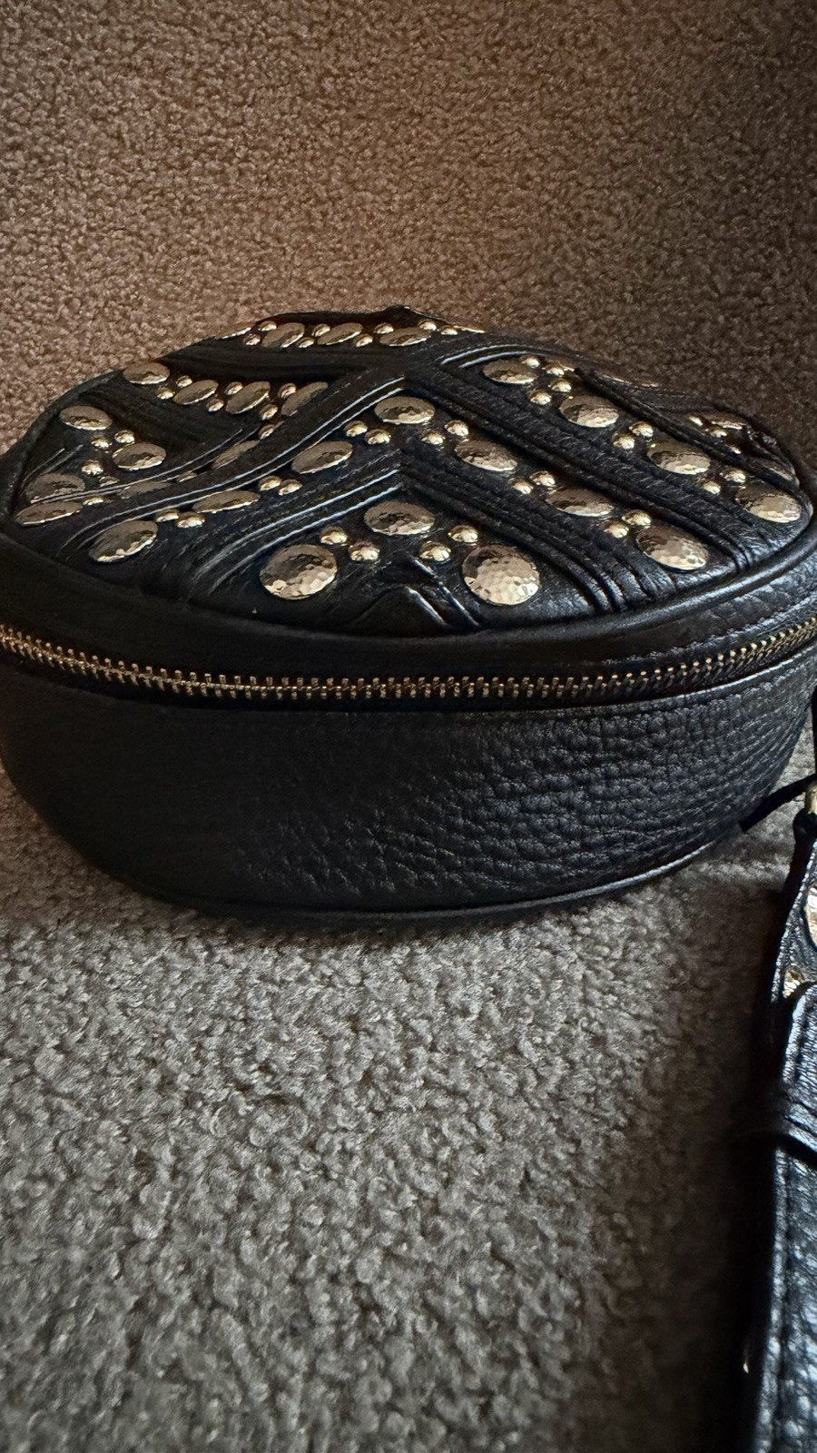 Rebecca Minkoff Black Round Studded Crossbody Bag Tassel Zip Gold Hardware