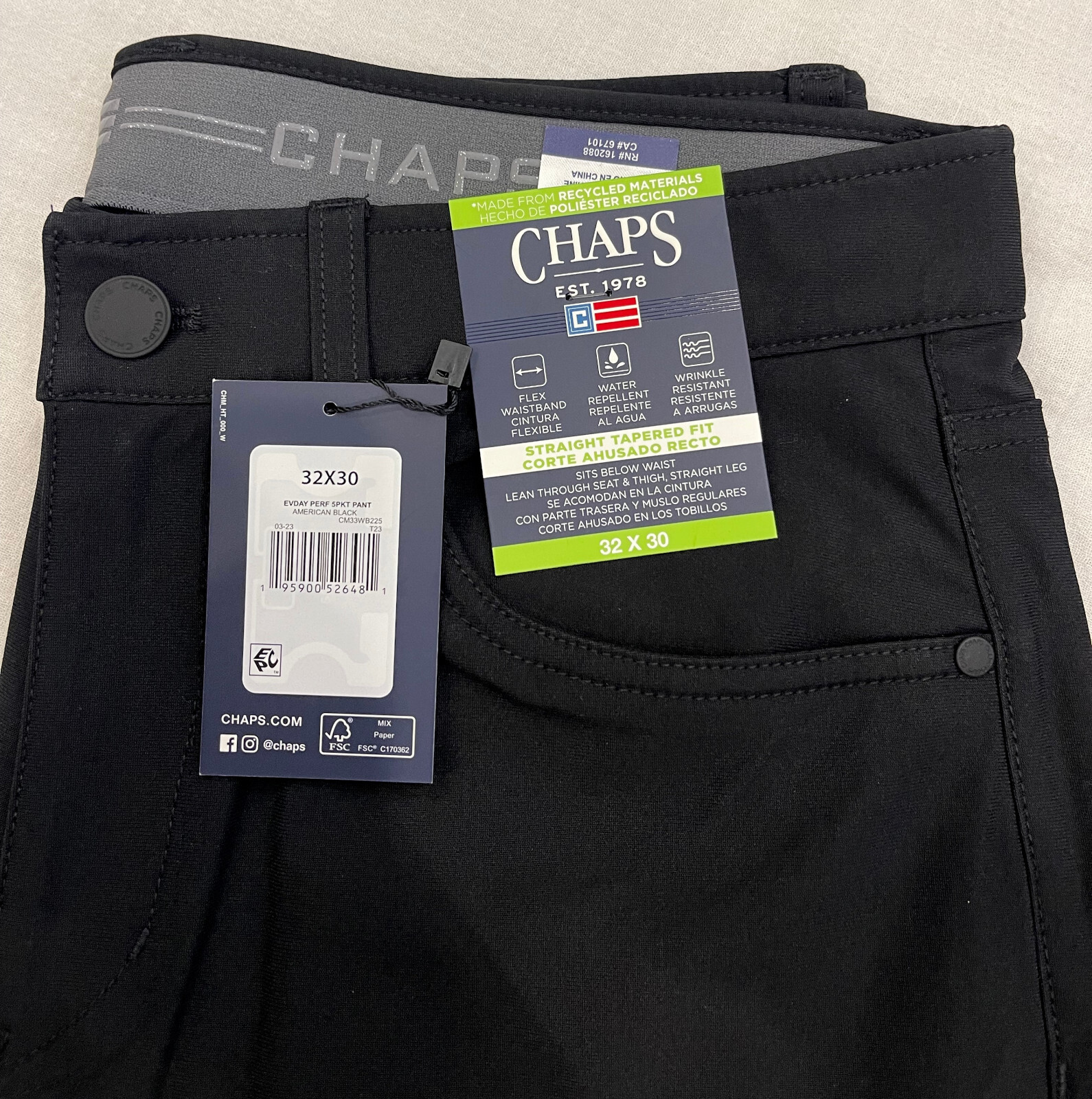 Chaps Mens 5-Pocket Performance Pants Straight Tapered 32X30 Black W32L30