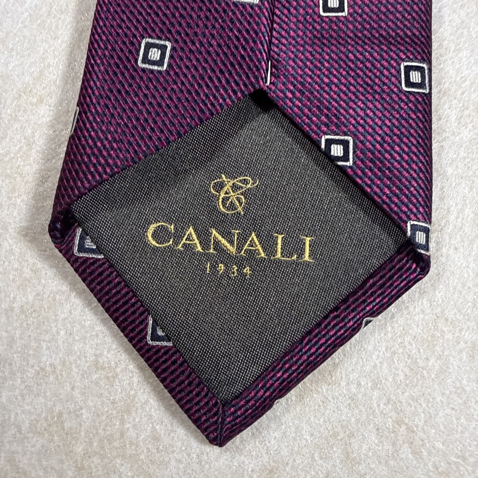 Canali 1934 Necktie, 100% Silk, Made in Italy, Geometric Burgundy Navy Blue 58″