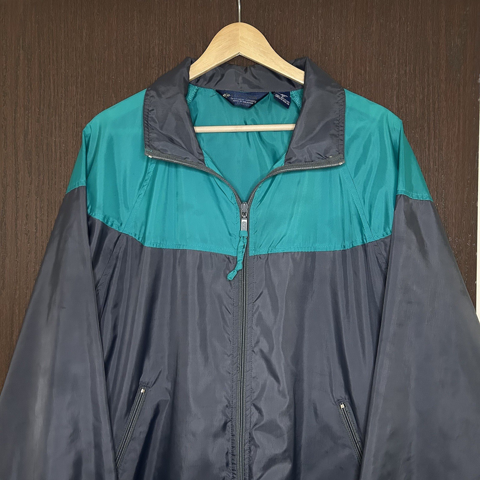 Vintage 80s Columbia Color Block Windbreaker Jacket Mens Medium Nylon Teal Grey