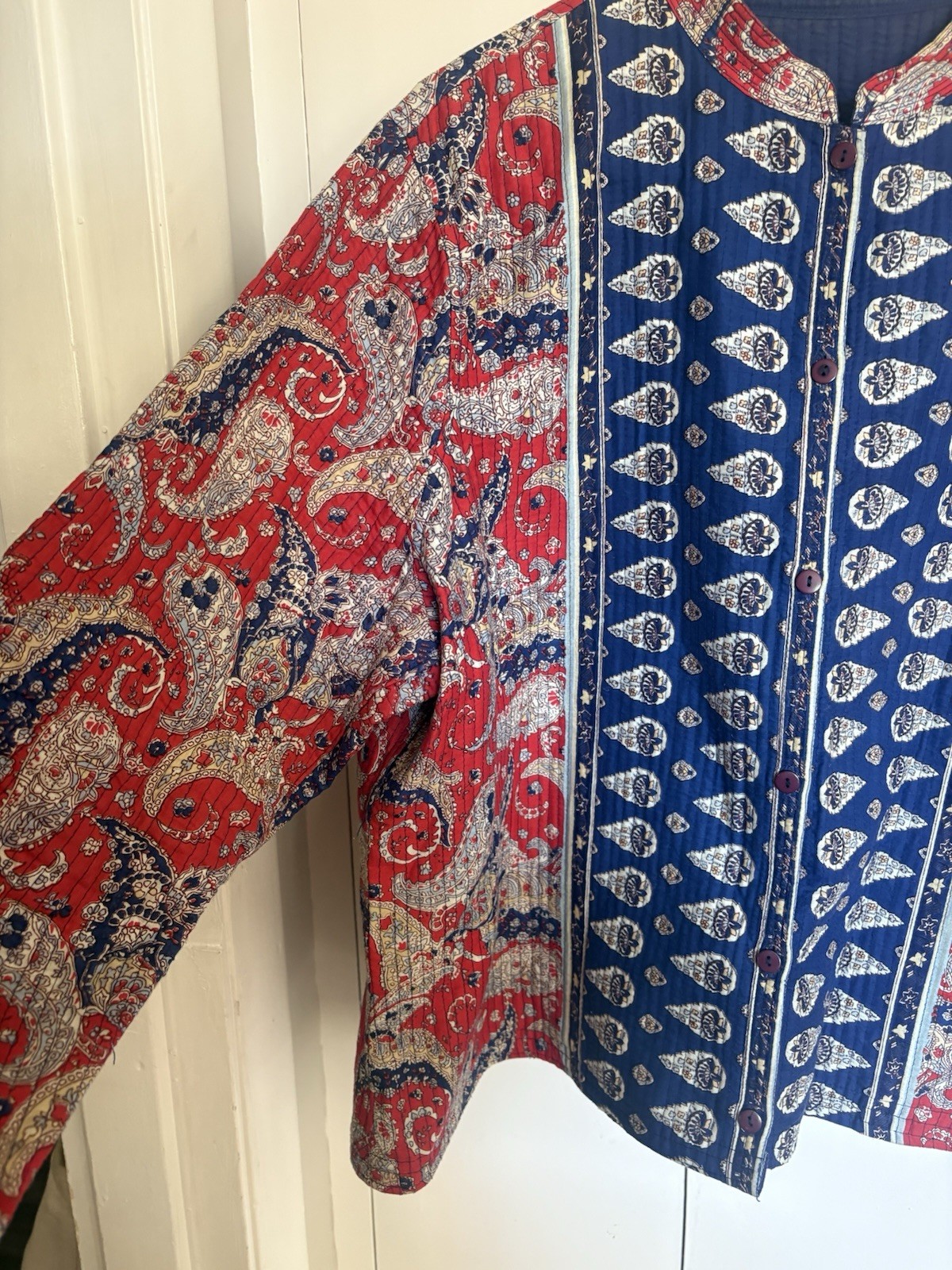 Handmade Quilt Top Blazer Blue Red Boho XL XXL 2xl Thin Quilted Button Shirt