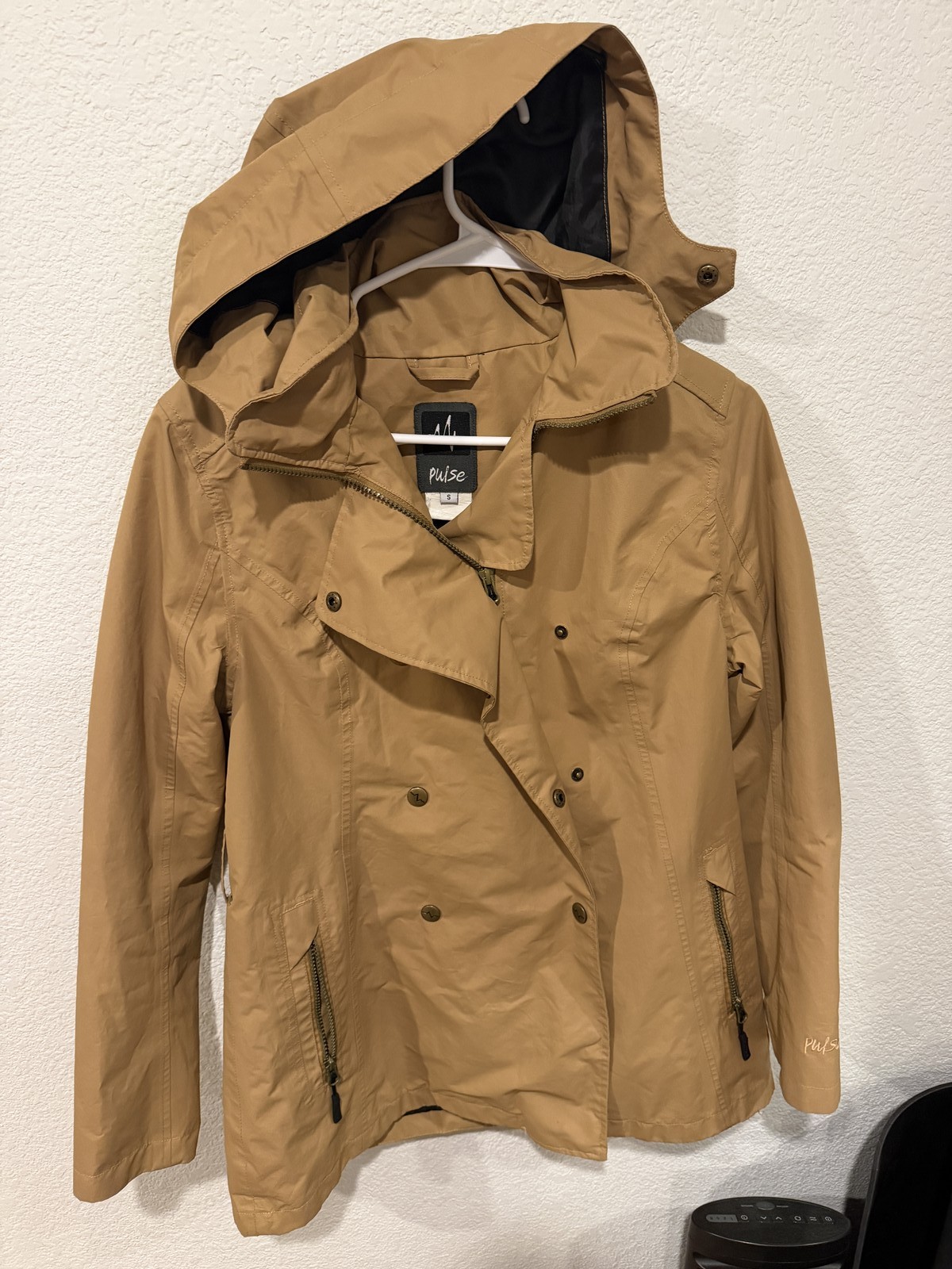 Pulse Women’s Tan Hooded Jacket Chore Coat Size S Belted Snap Zip Pockets