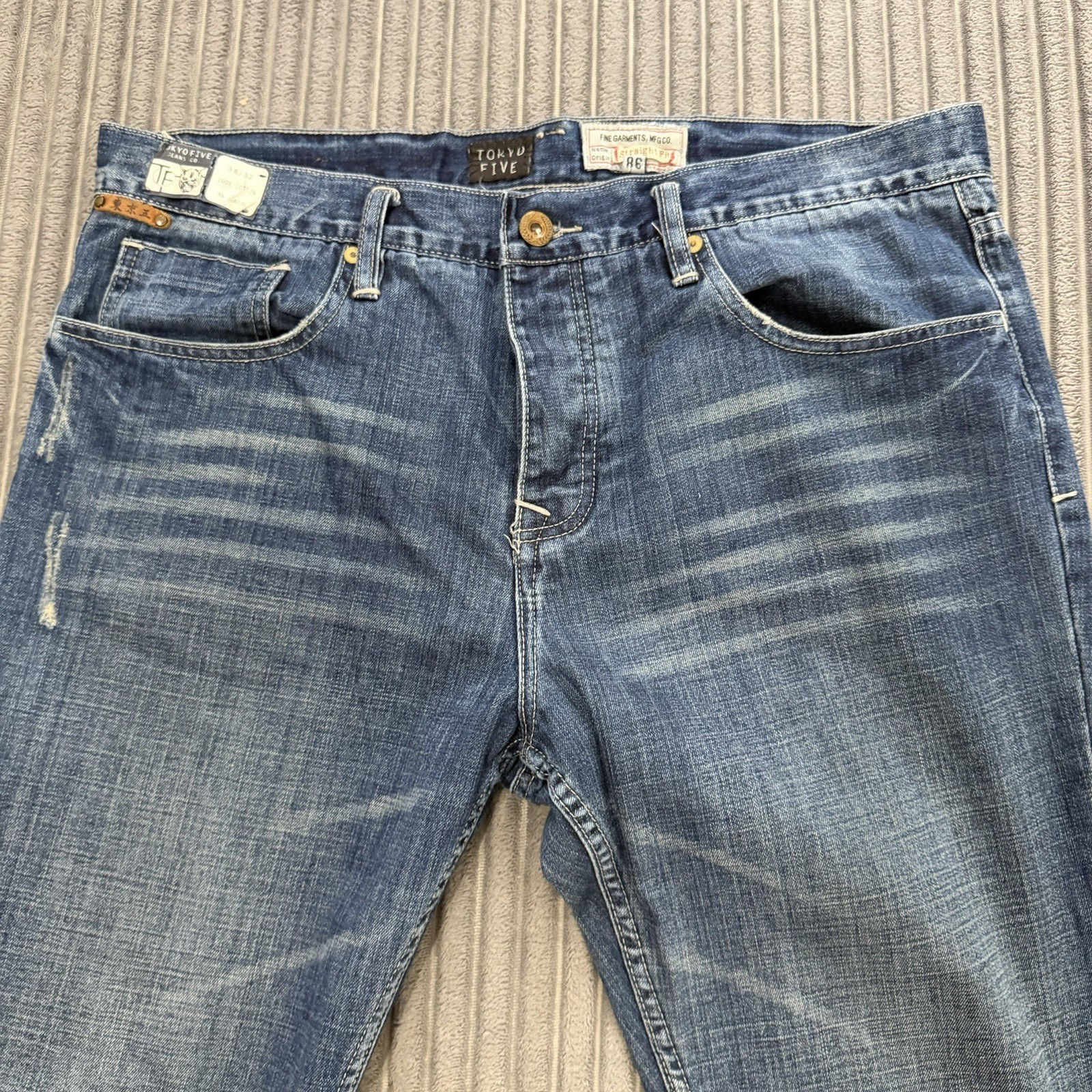 Tokyo Five The Way Jeans Mens 38×32 Blue Denim Whiskered Cotton Button Fly Pants