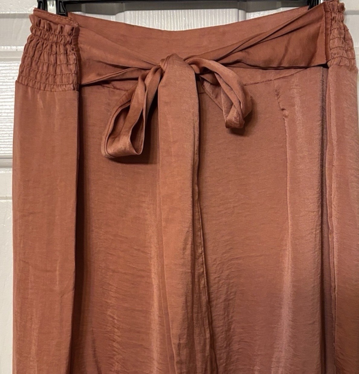 ee:some Women’s Boho Brown Solid Wide-Leg Pants Smocked Tie Ruffle 31″
