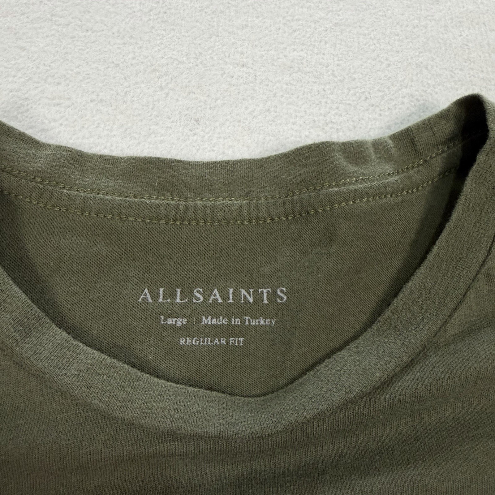 AllSaints Brace Crew Shirt Men Large Khaki Regular Fit Ramskull Short Sleeve Tee