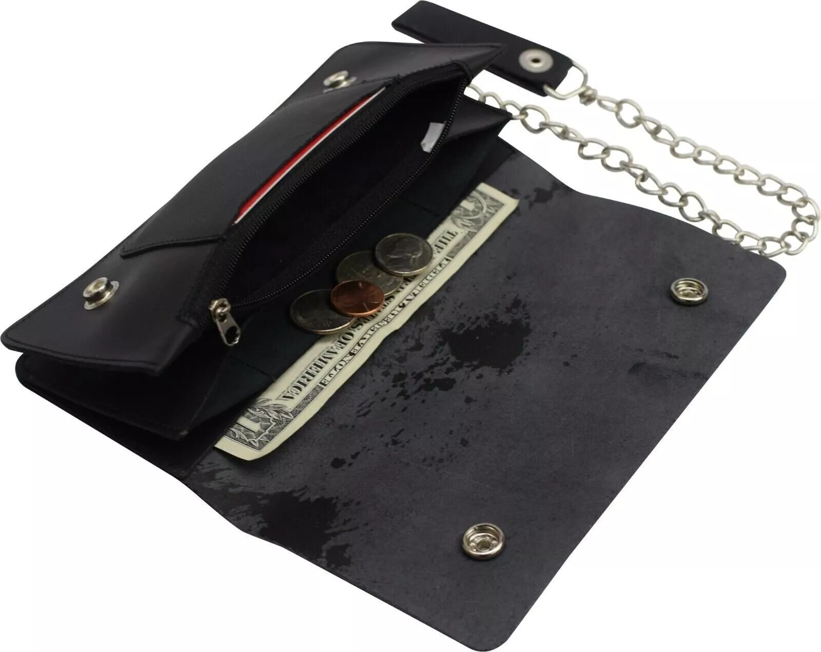 Leather Men Motorcycle Trucker Biker Chain Wallet With Inside Zipper, Black