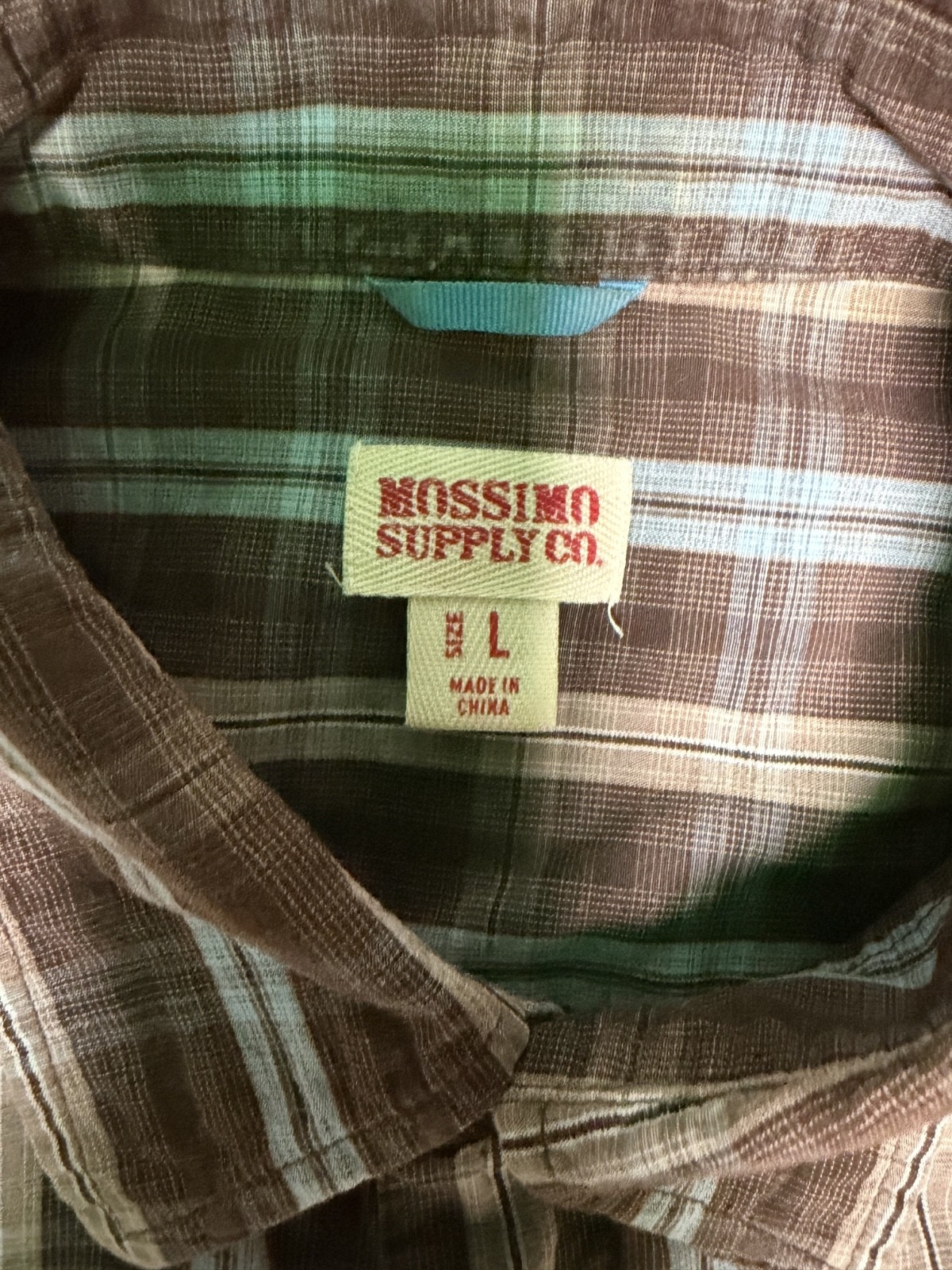 Mossimo Supply Co Men’s L Brown Blue Plaid Shirt Short Sleeve Button Up
