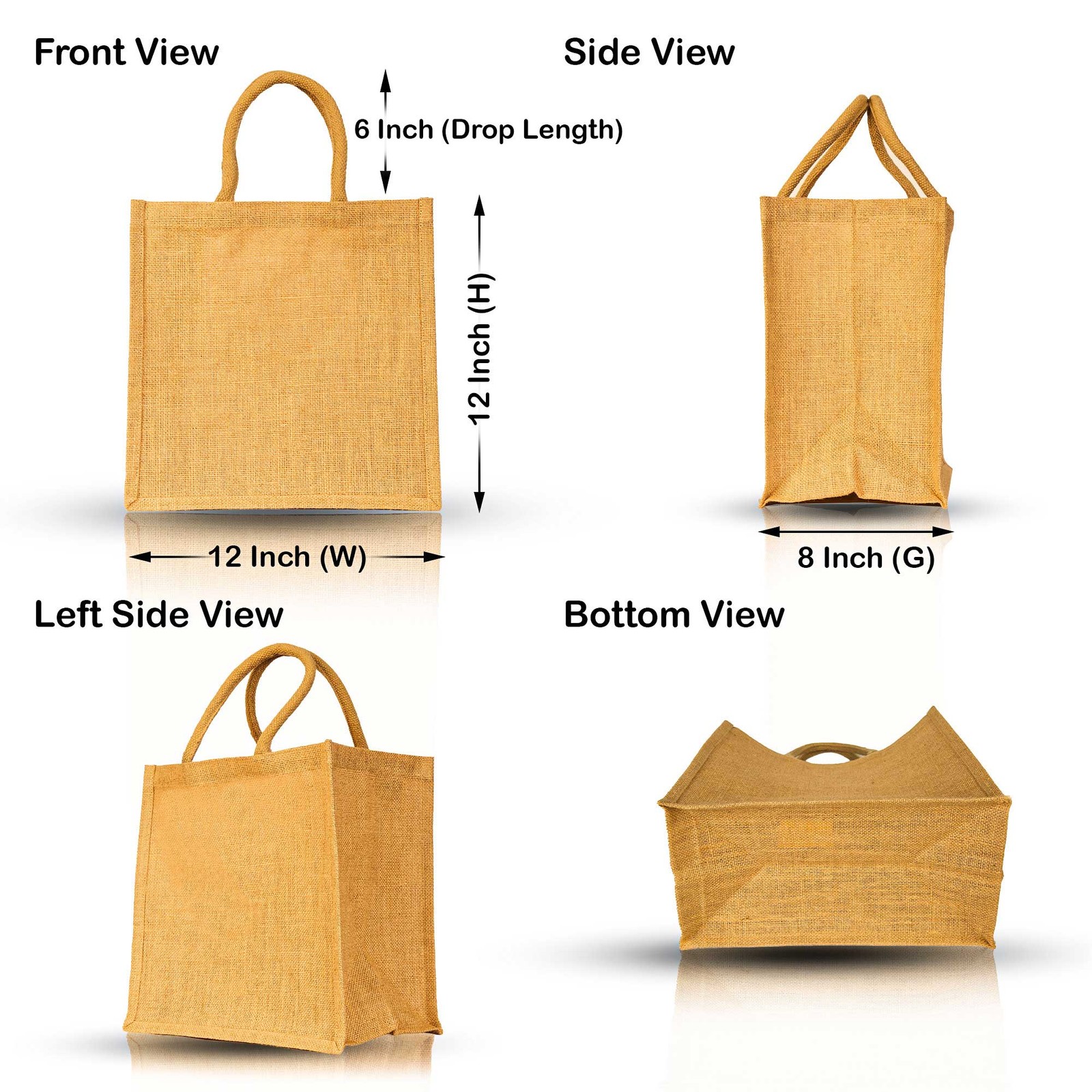 JUCOBEE Jute Reusable Shopping Tote Bags 12″H x 12″L x 8″W – Set of 12