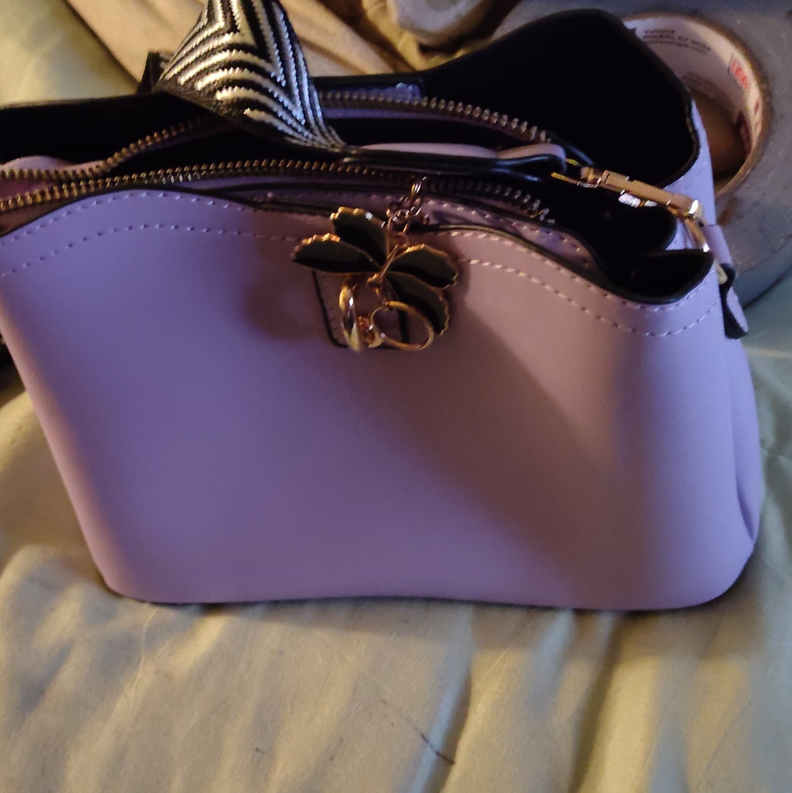 M Marco Beige Logo Shoulder Bag Brown Trim Gold Hardware Zip Detachable Strap