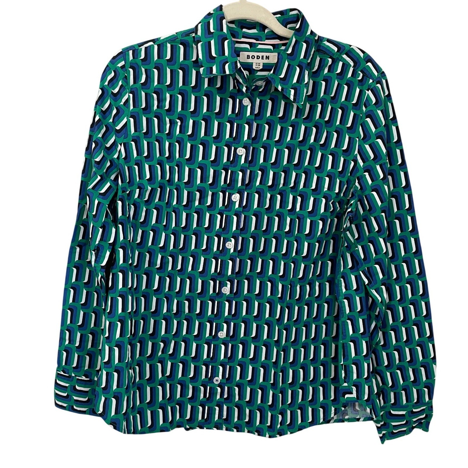 Boden Womens Size 12 Geometric Print Cotton Button Up Shirt Multicolor Mod