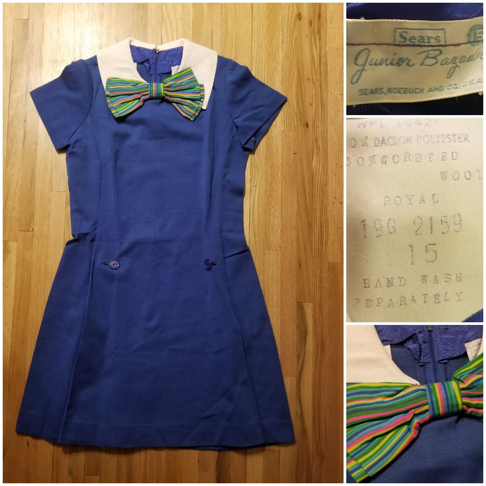 NOS Vintage SEARS 1960s JUNIOR BAZAAR Size 15 Polyester /Worsted Wool Blue Dress