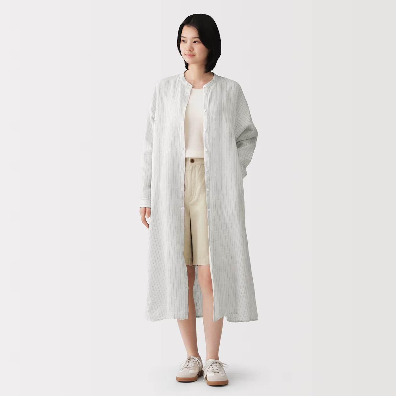 MUJI Womens 100% Linen Washed Long Sleeve Shirt Dress Silver Gray Stripe FedEx