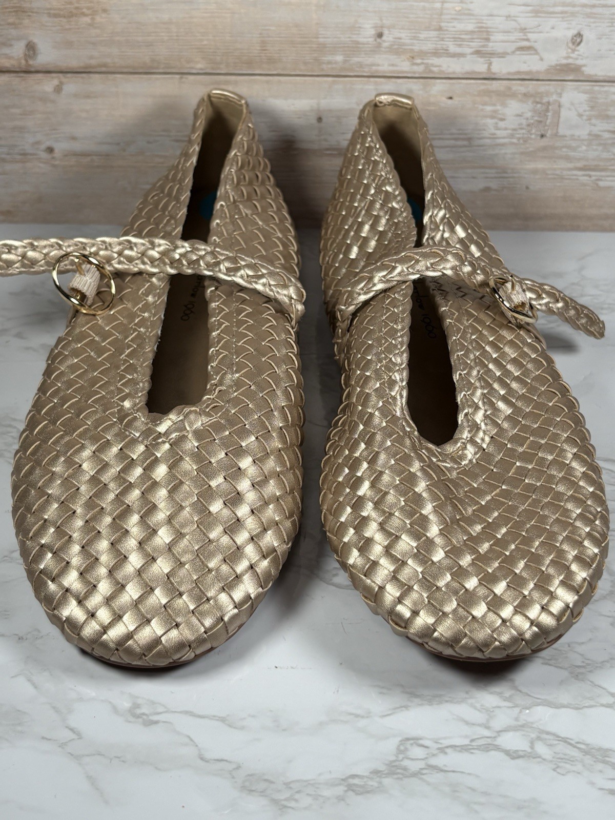 House of Harlow 1960 Gold Woven Mary Jane Flats Round Toe Buckle Strap 7.5