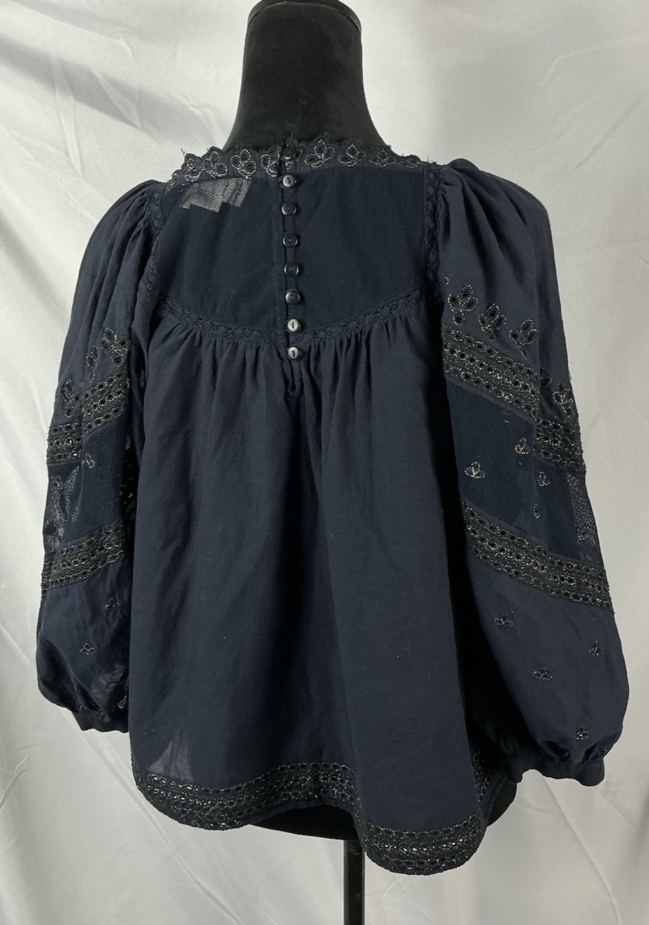 Anthropologie Navy Blue Lace Balloon Puff Sleeve Blouse Top Shirt Size M
