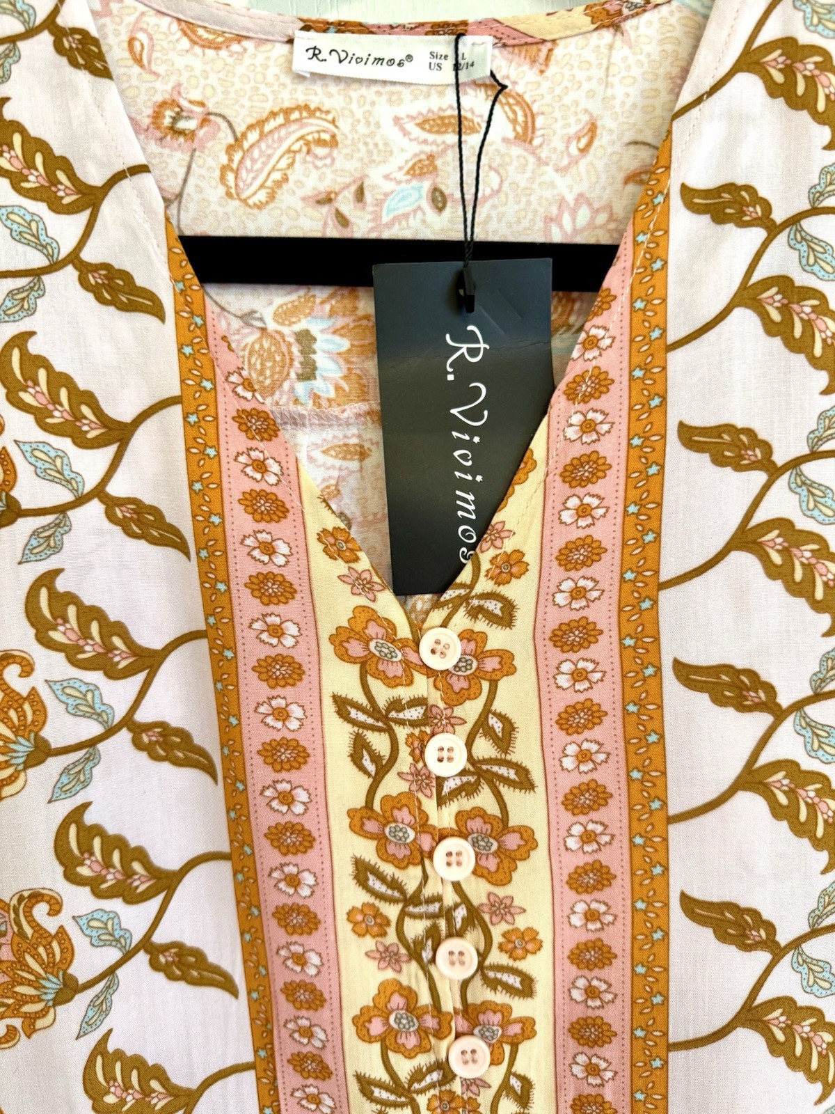 NWT R Vivimos Dress Large 12/14 Peach Pink Floral Prairie Peasant Bohemian