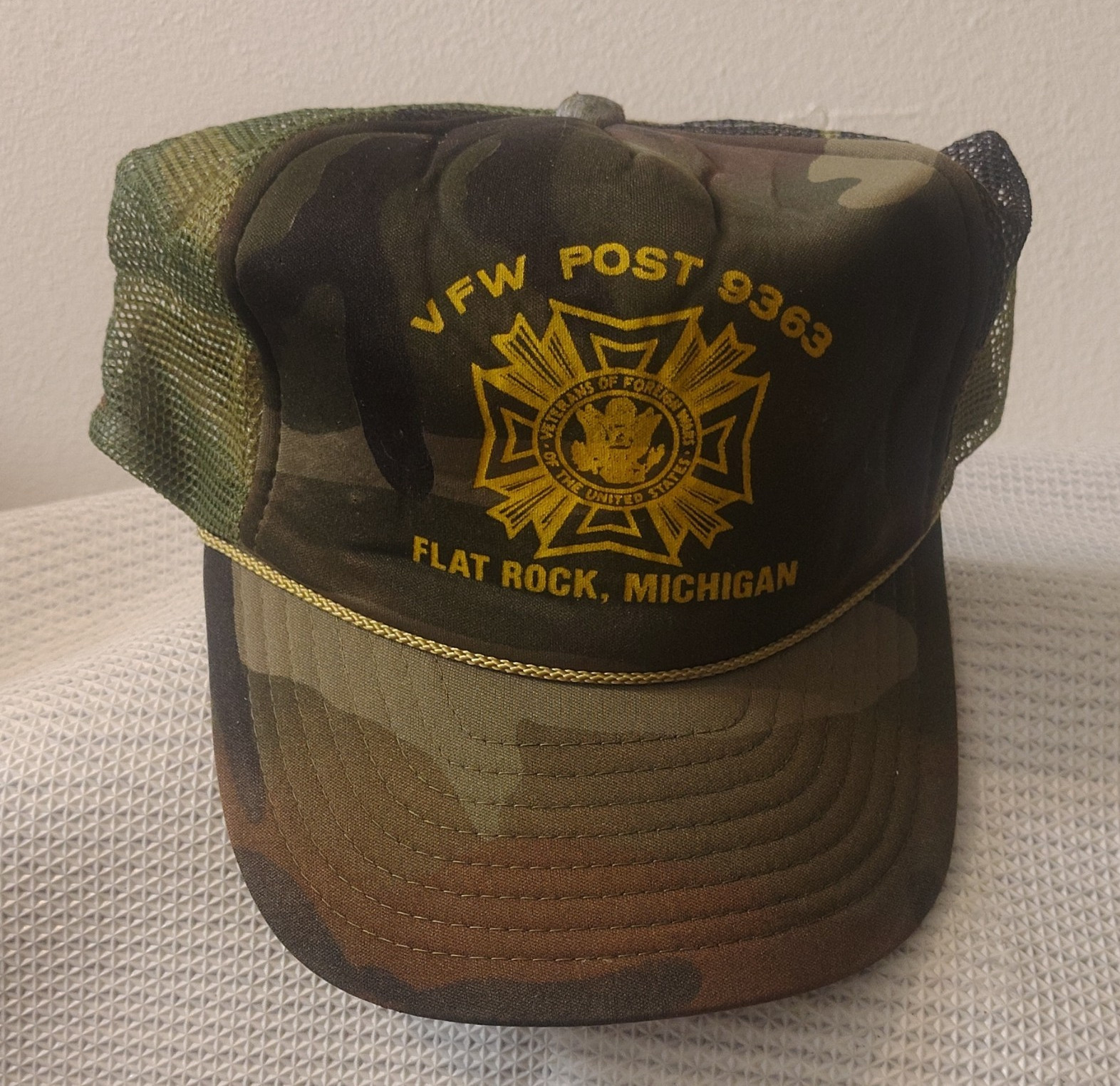 Vintage Hoskins VFW Post 9363 Flat Rock Michigan Camo Trucker Hat Mesh w/cord