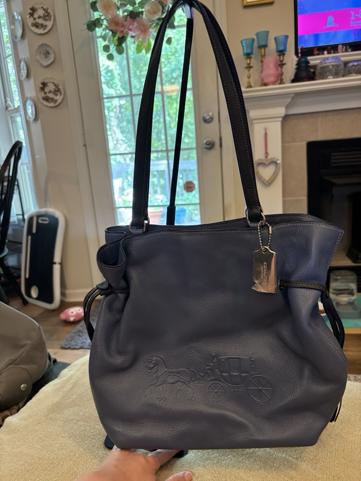 Coach Andy CA165 Blue Pebble Leather Horse & Carriage Drawstring Tote Bag NWT