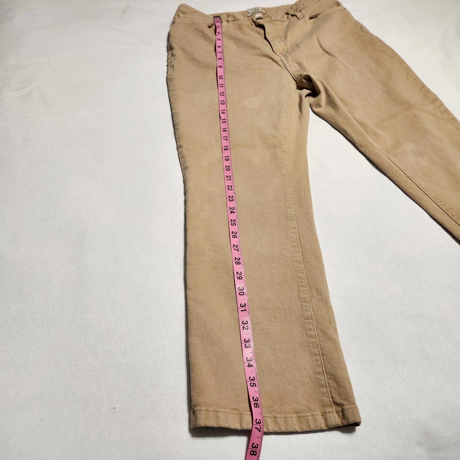 LL Bean Classic Fit Womens 14 Petite Tan Khaki Stretch Denim Jeans Straight Leg