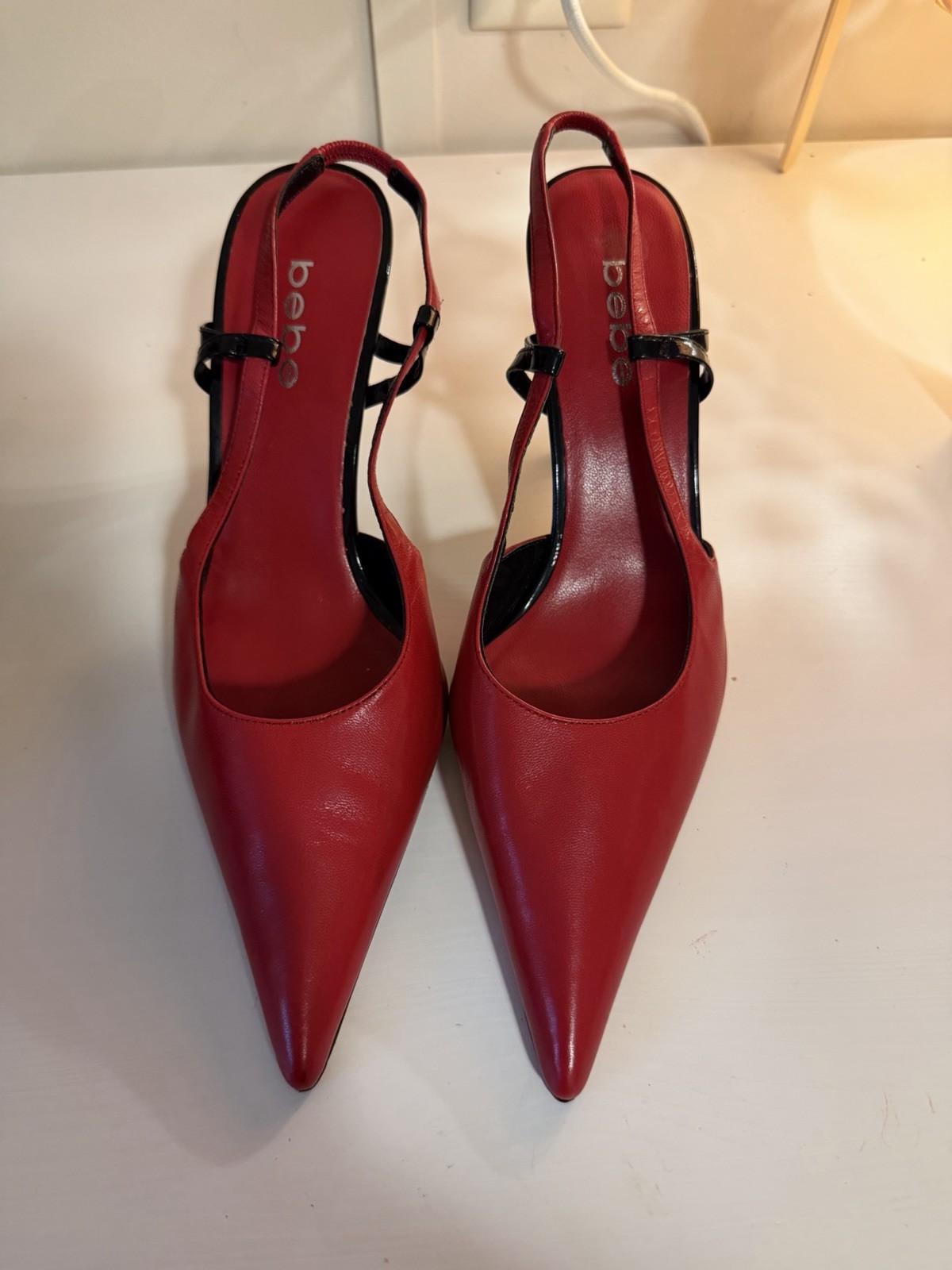 bebe Women’s Red/Black Leather Pointed Toe Slingback Stiletto Buckle 8