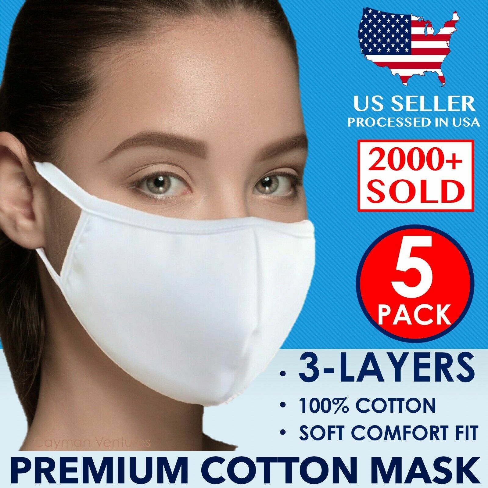 (5 Pack) Reusable Washable Soft 100% Cotton Face Mask Cover Adult (White)