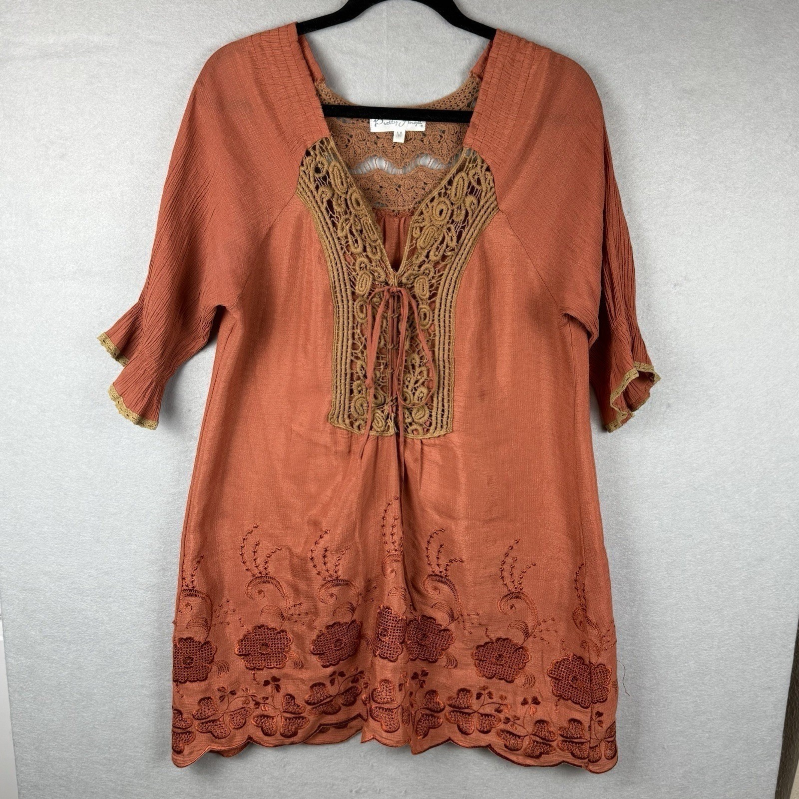 Pretty Angel Terracotta Linen Blend Boho Hippie Crochet Lace Tunic/Dress Sz M