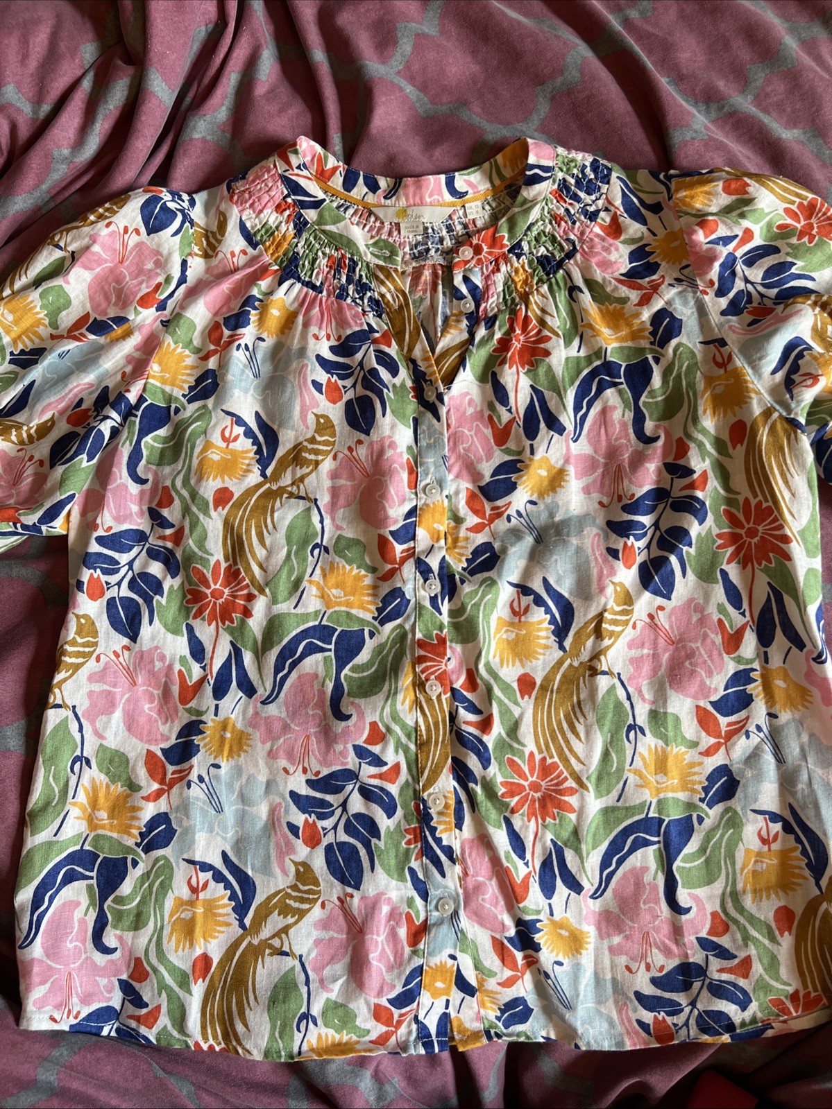Boden Linen Puff Sleeve Floral Bird Pattern Button Up Blouse Women 8 Boho Resort