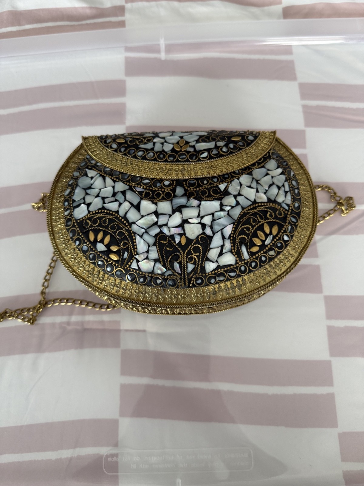 Vintage Mosaic Clutch Bag | Gold Black Pearl Shell Evening Purse Crossbody