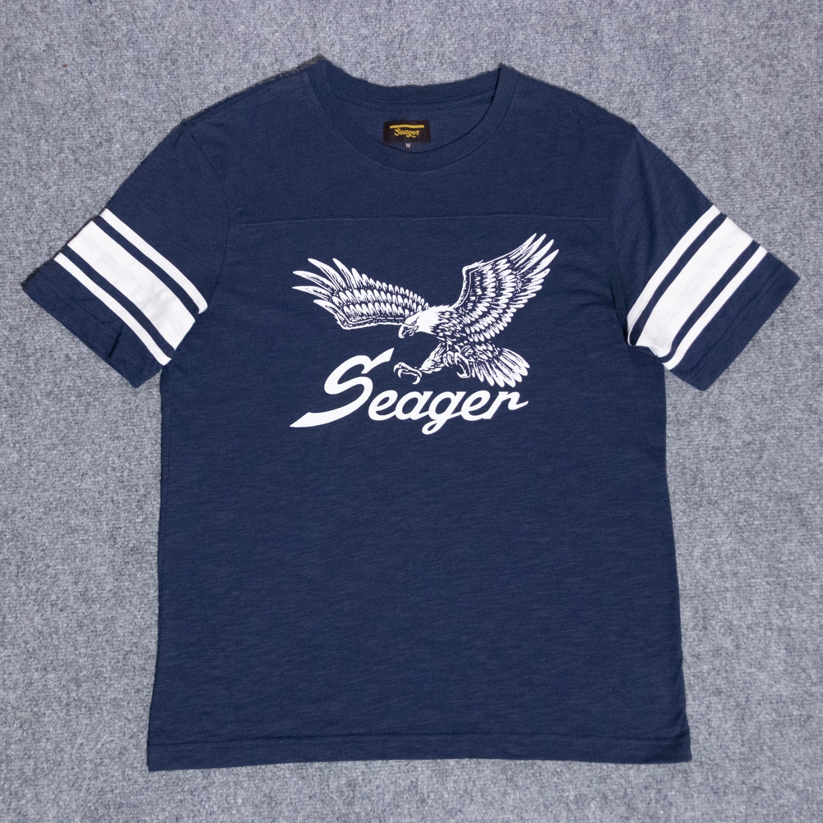 Seager Riggins Eagle Crew Tee Navy Blue Slub Cotton T-Shirt Medium Varsity Retro