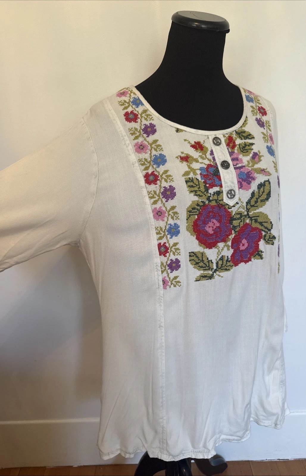 Parsley and Sage Cross Stitch Floral Bohemian Peasant Blouse Tunic Size Large