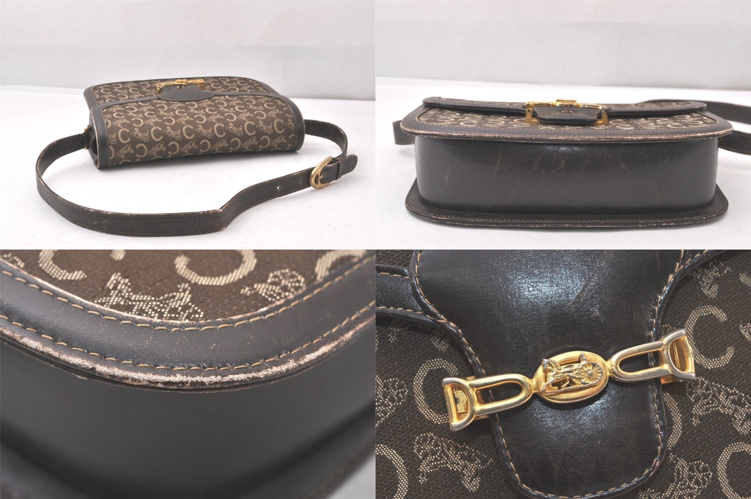 Authentic CELINE C Macadam Carriage Shoulder Bag Canvas Leather Brown 543AA