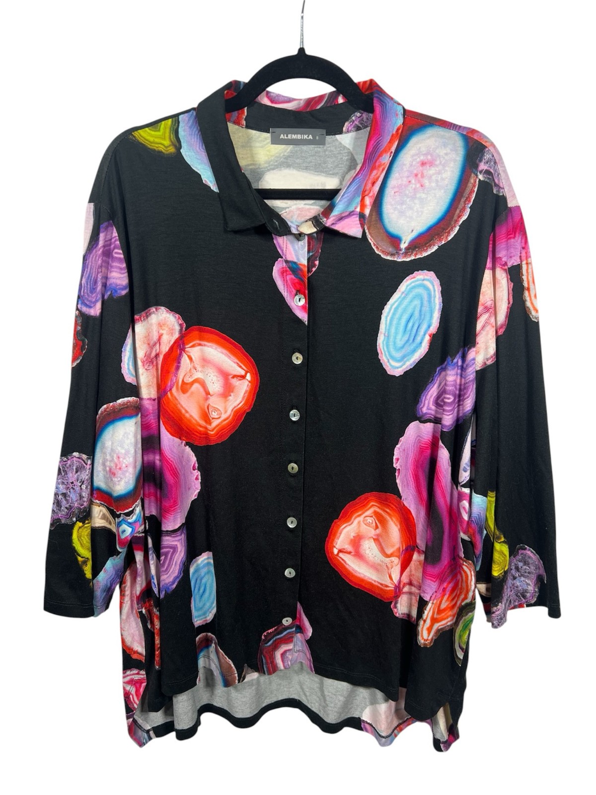 Alembika Top Womens 8 Tunic Button Down Stretch Art To Wear 3/4 Sleeve Casual
