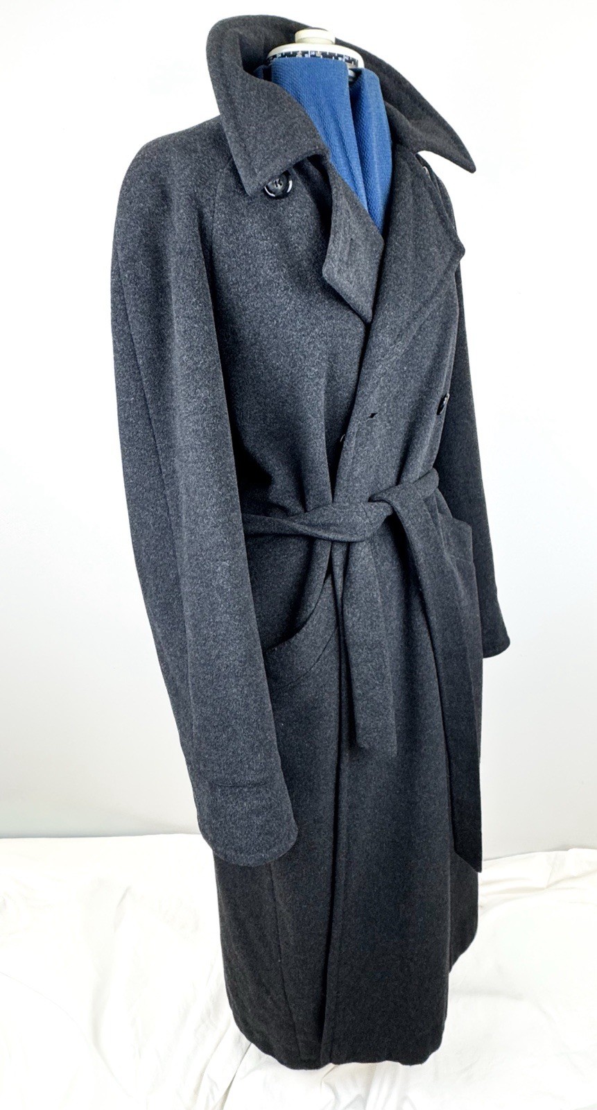Vintage 90s BHS Virgin Wool Angora Maxi Coat Charcoal Grey Belted Overcoat UK14