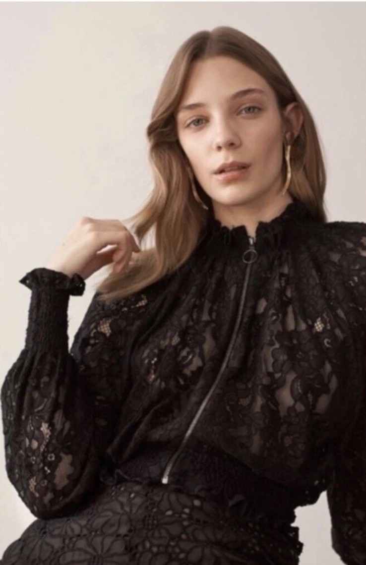 Rebecca Taylor Lace Full Zip Bomber Jacket Sheer Long Sleeve Gothic Elegant