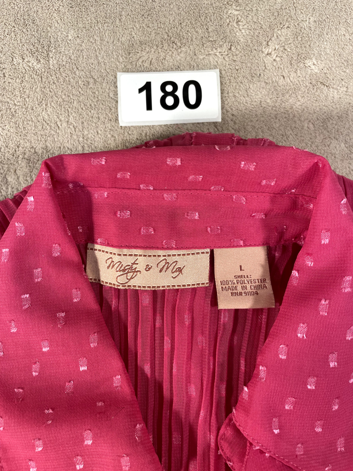Misty & Max Sz L Women’s Sheer Pink Button Ruffle Collar Blouse Shirred Cuff