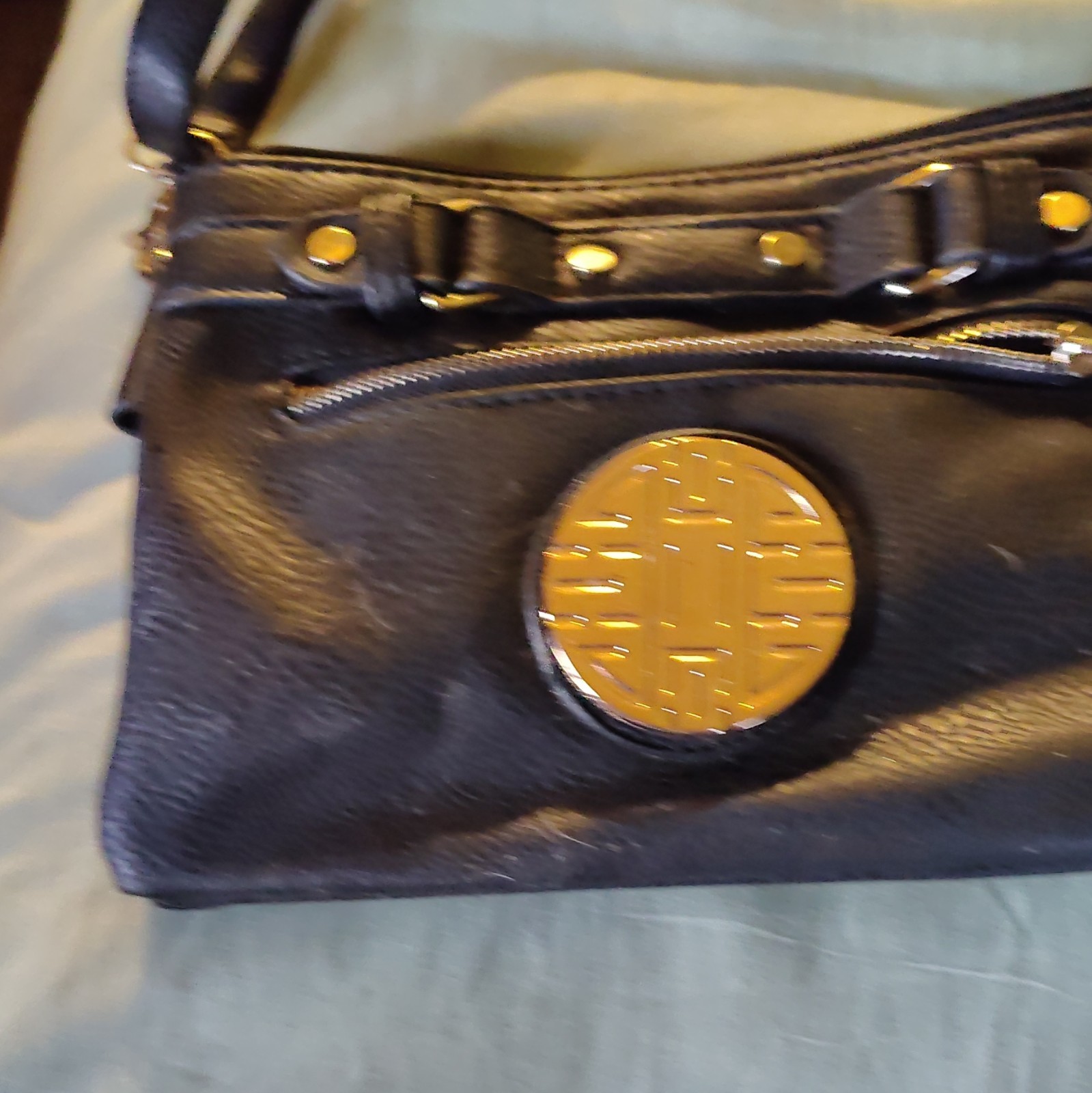 M Marco Beige Logo Shoulder Bag Brown Trim Gold Hardware Zip Detachable Strap