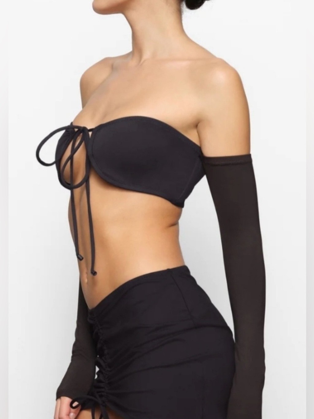 Skims NWT Swim Long Sleeve Bikini Top Only Black Onyx Strapless Tie-Front Size S
