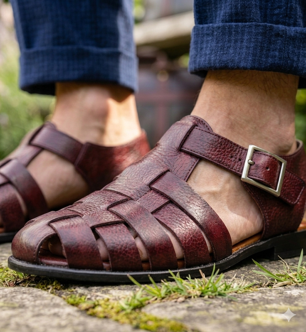 Mens Burgundy Leather Fisherman Sandals Woven Gladiator Summer Beach Shoes Maron