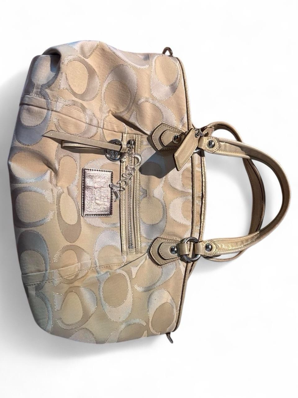 Coach Large Beige Signature Logo Tote Bag Zip Closure Pink Lining Charm
