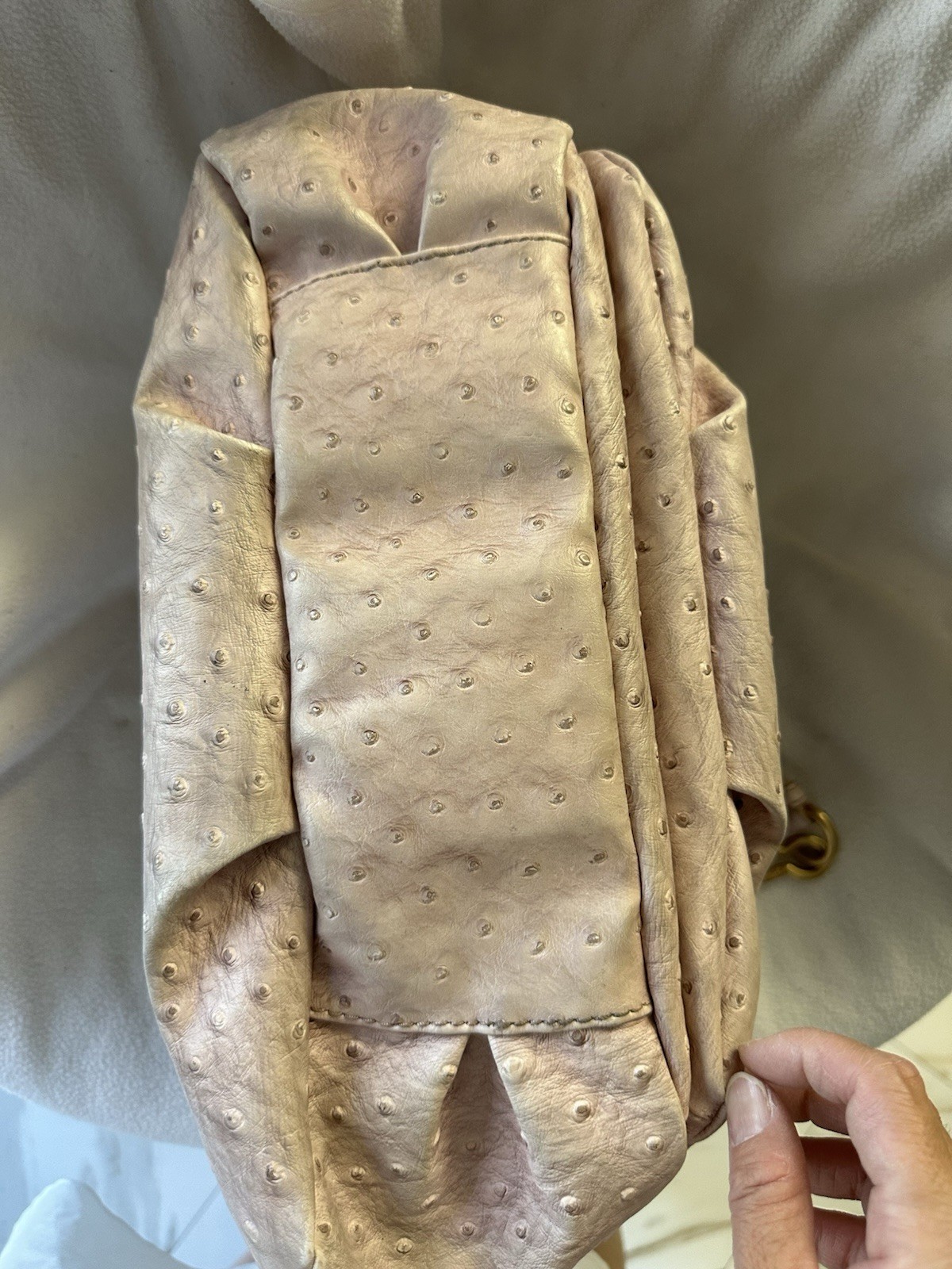 Beige Ostrich Embossed Satchel Top Handle Bag, Zip/Push Lock, Strap, Gold