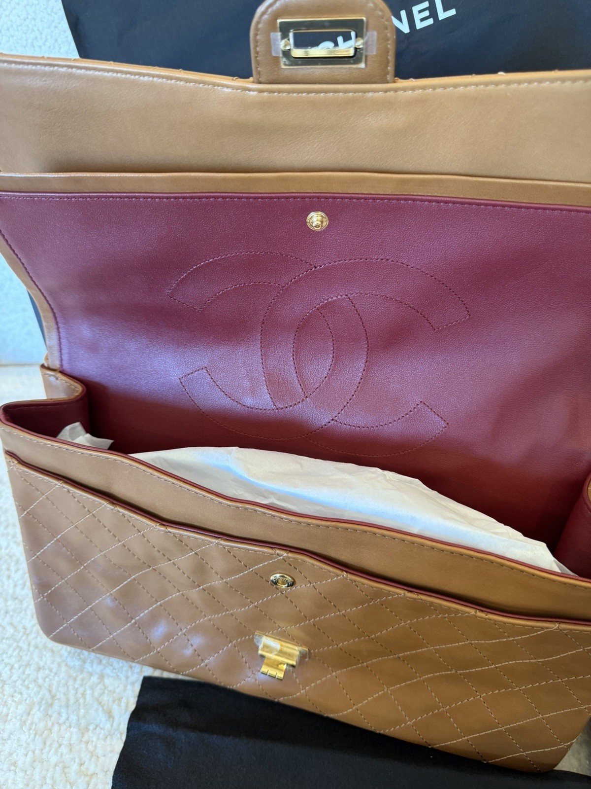 CHANEL Brown Quilted Flap Shoulder Bag Turn Lock Gold Chain Medium w/Box