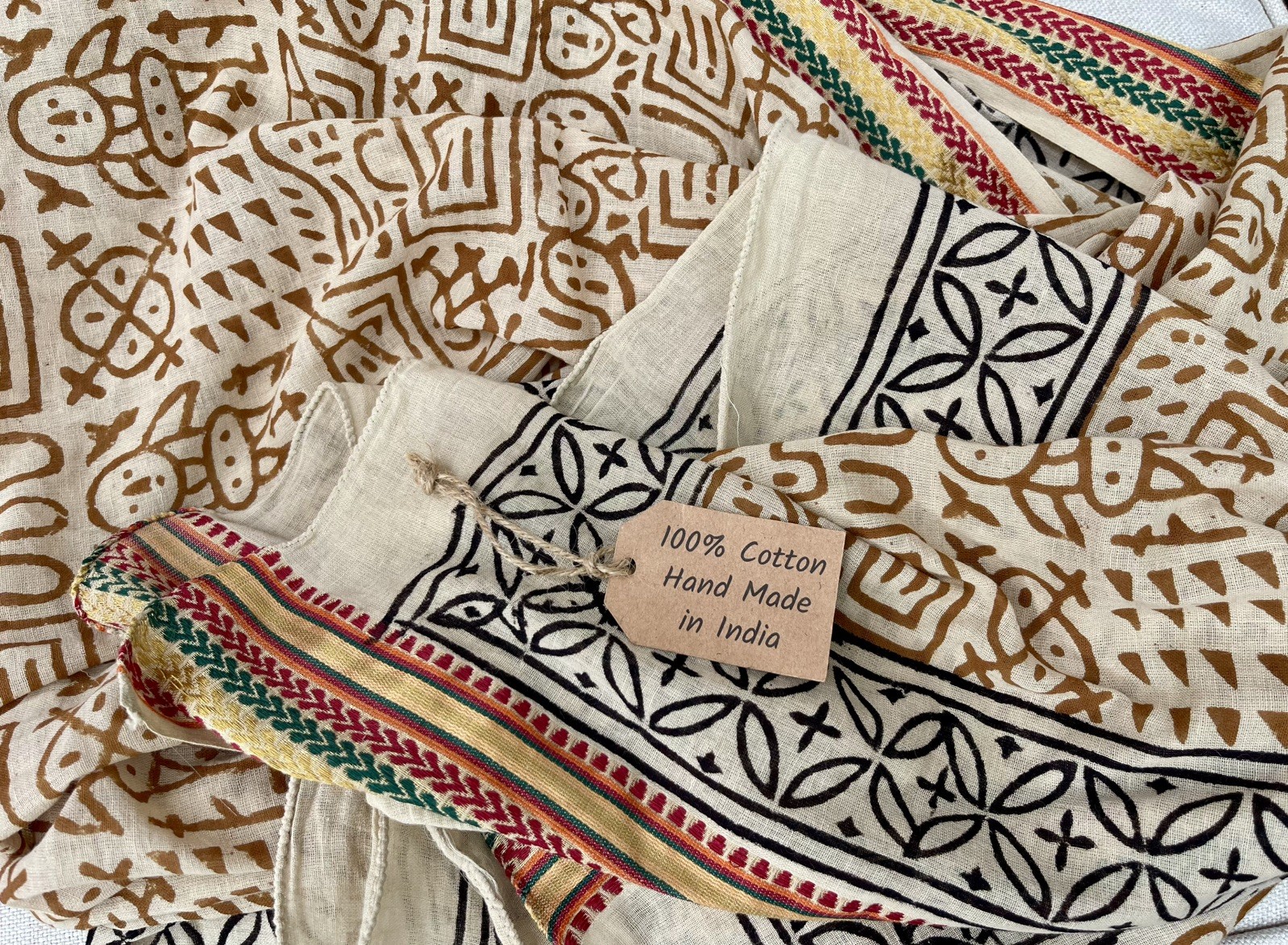 Gold silk edged 100% cotton hand block printed Zari sarong scarf shawl boho