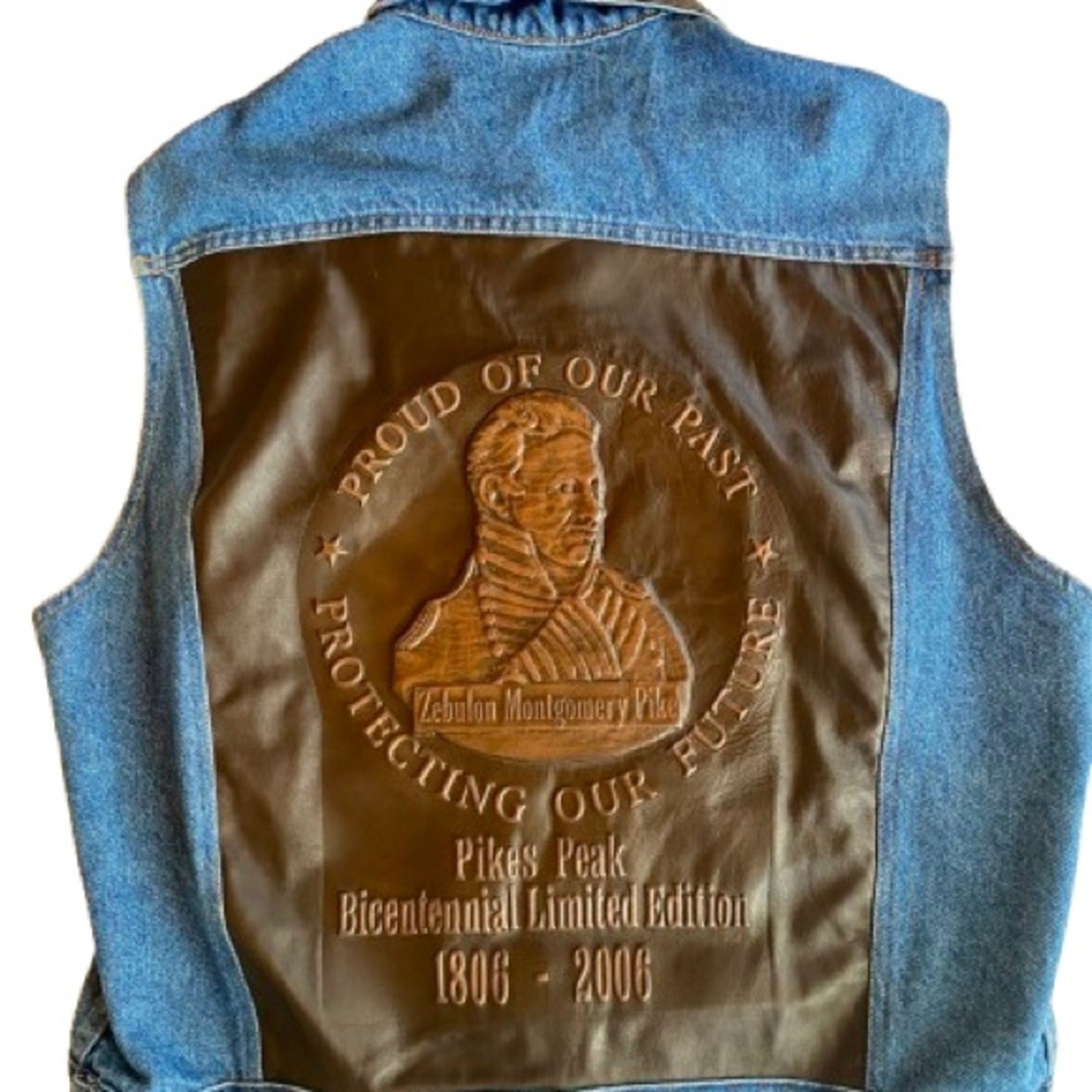 Vintage Denim Biker Vest Embossed Faux Leather Panel Sleeveless Pikes Peak 2XL