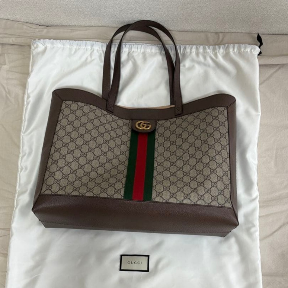 GUCCI Ophidia GG Supreme Web Medium Tote Bag Beige Ebony Brown Gold Hardware