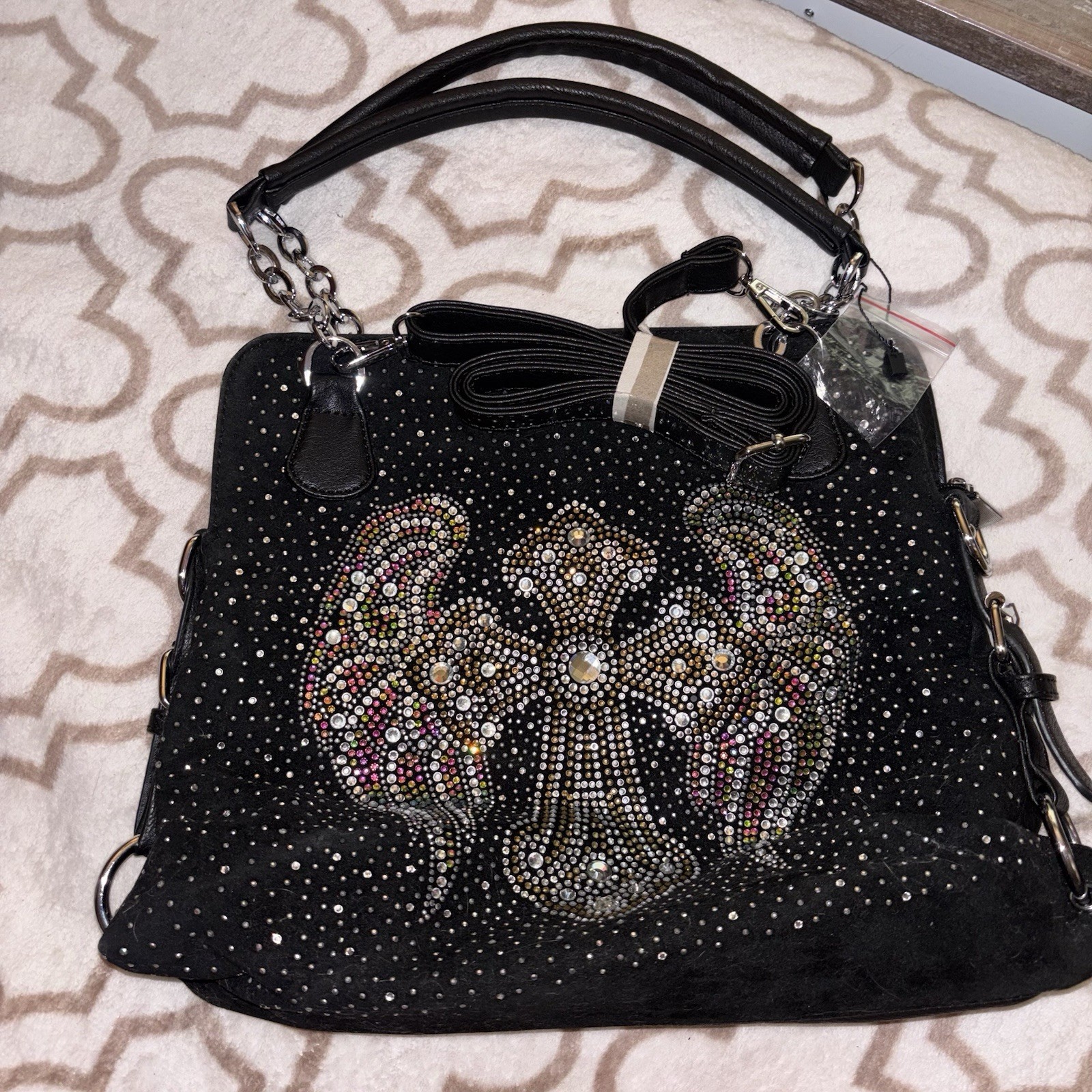 Red Authentic Merch Black Rhinestone Angel Shoulder Bag Zip, Detachable Strap