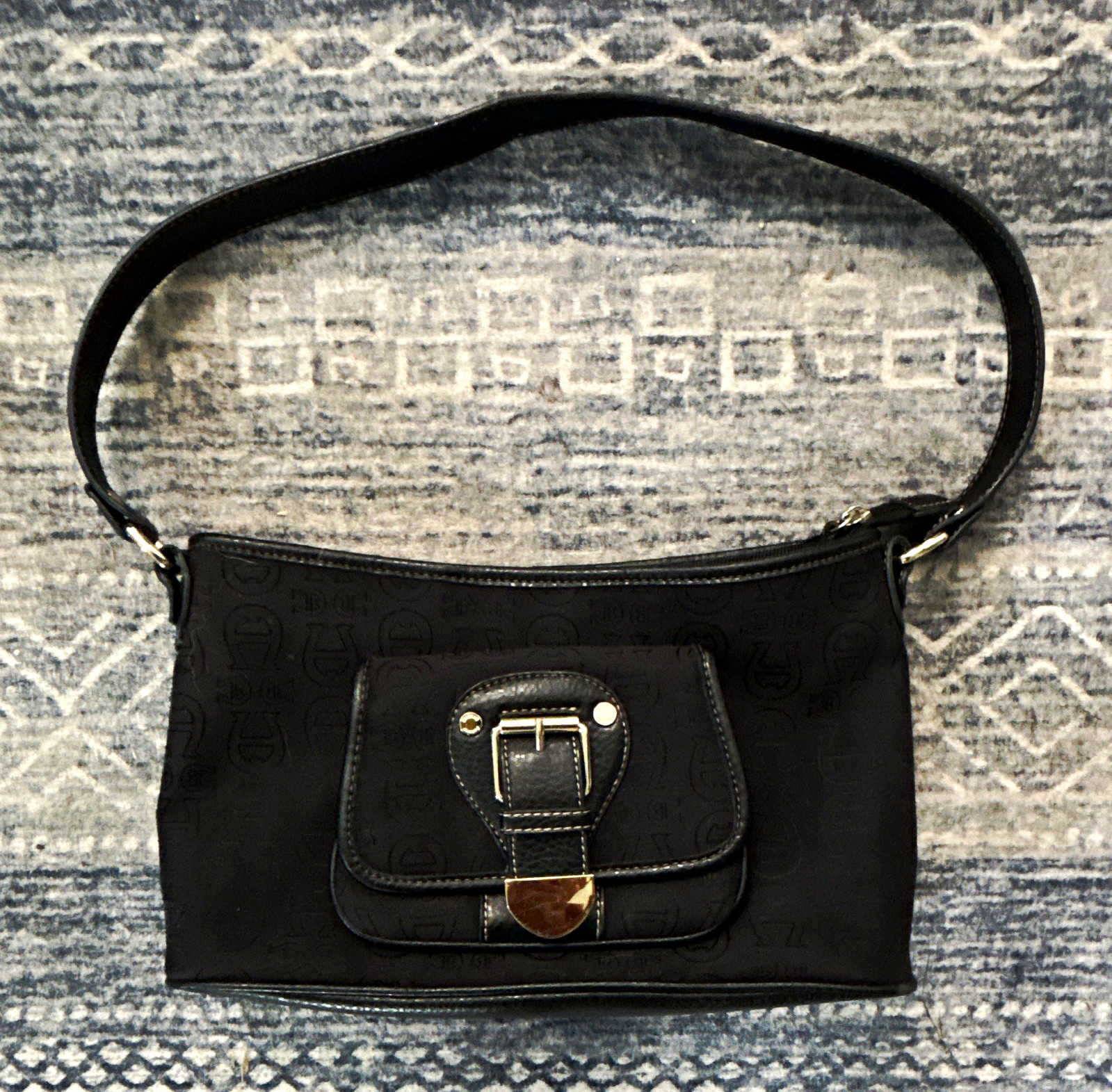 Etienne Aigner Black Logo Shoulder Bag Zip Top Snap Flap Buckle Accent