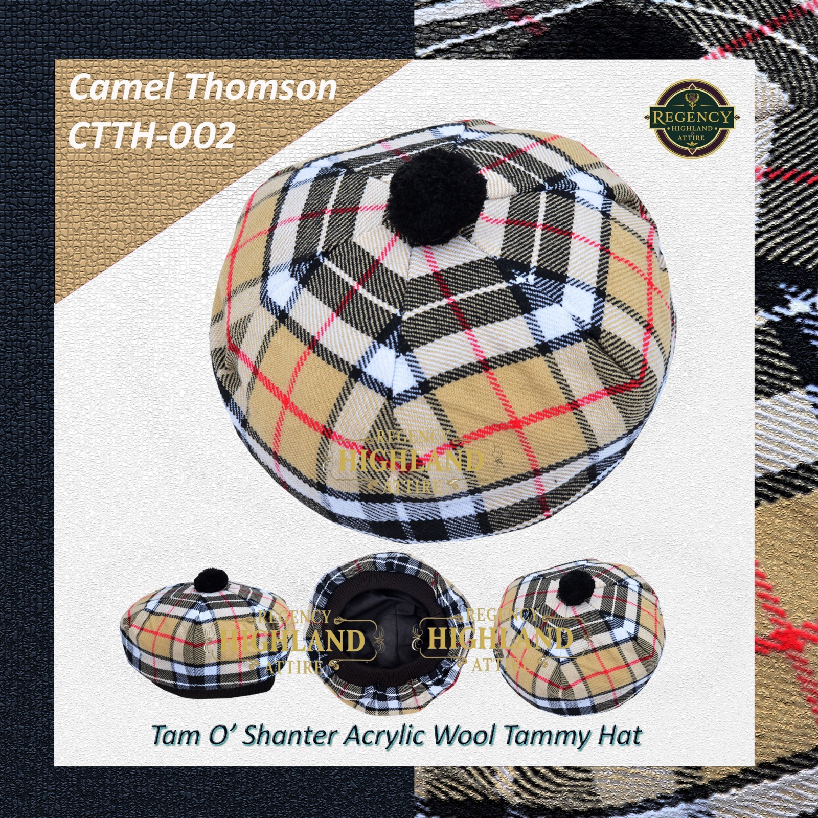Unisex Great Scottish Highland Tam O Shanter Hat Made of Acrylic Wool Tartan.