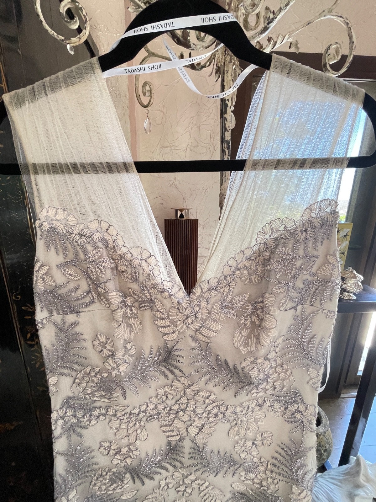 New Tadashi Shoji Silver Beaded Sequin Tulle V-Neck Sheath Dress, Size 12