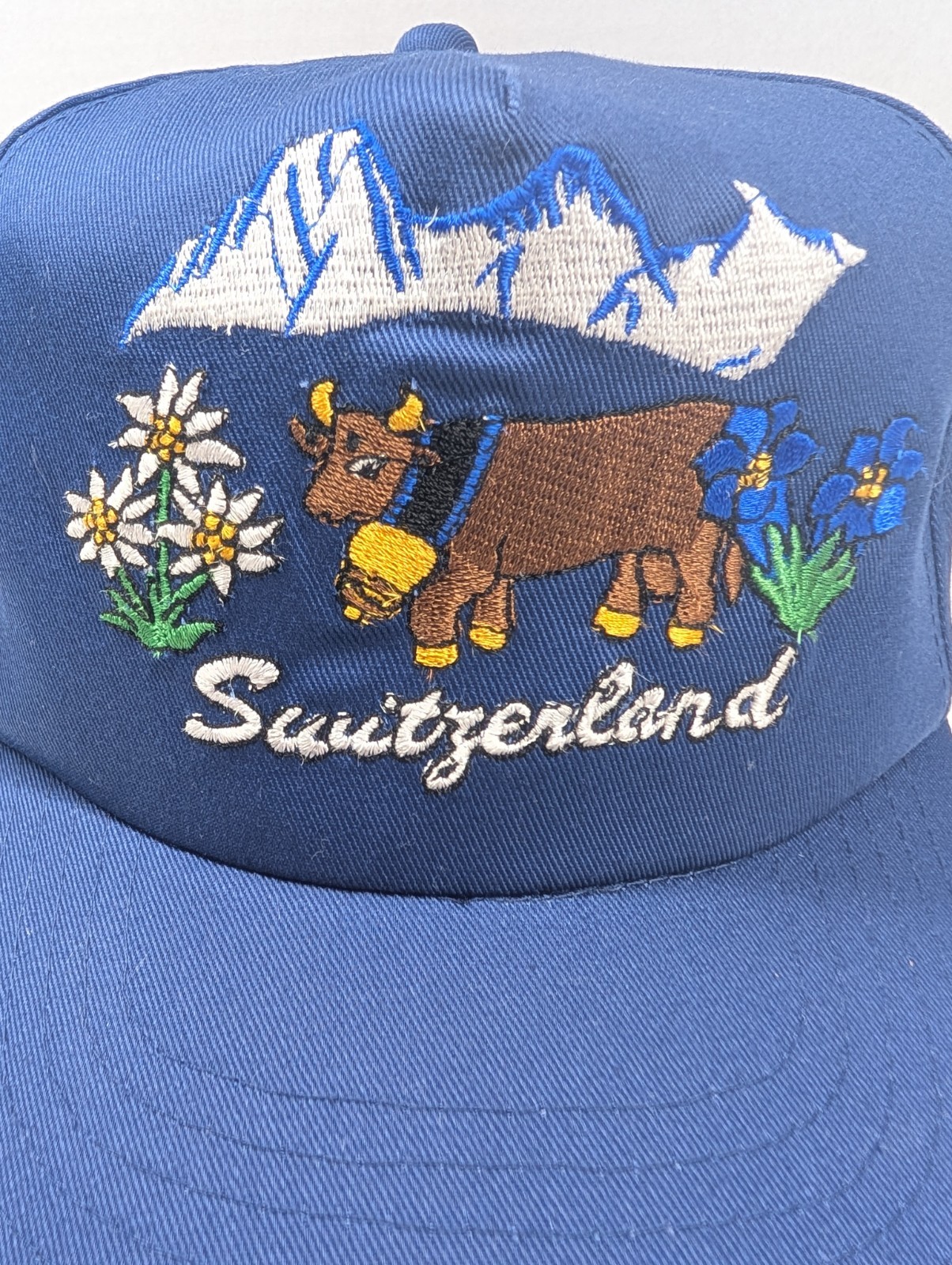 Switzerland Blue Embroidered Cow Alps Souvenir Snapback Hat Adjustable Cotton